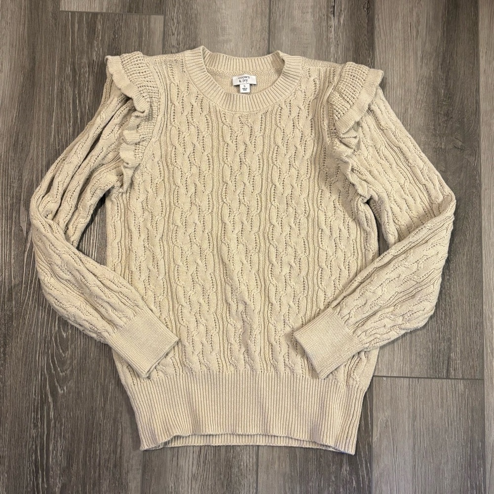 👑Crown & Ivy👑 Cableknit Ruffle Sleeve Sweater